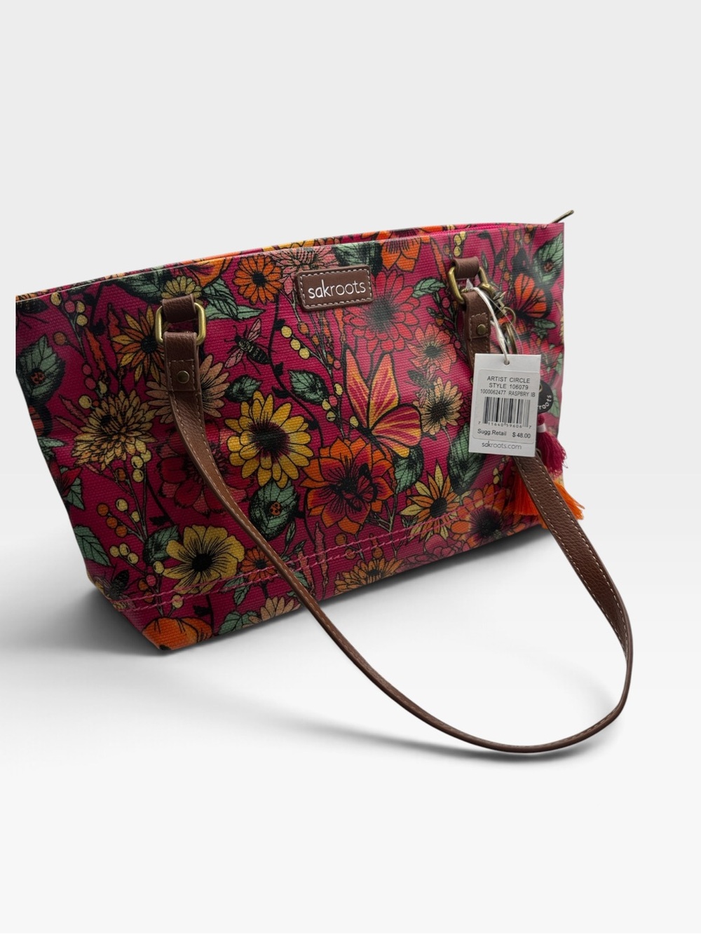 Sakroots Magenta Floral Canvas Tote with Brown Straps and Tassels